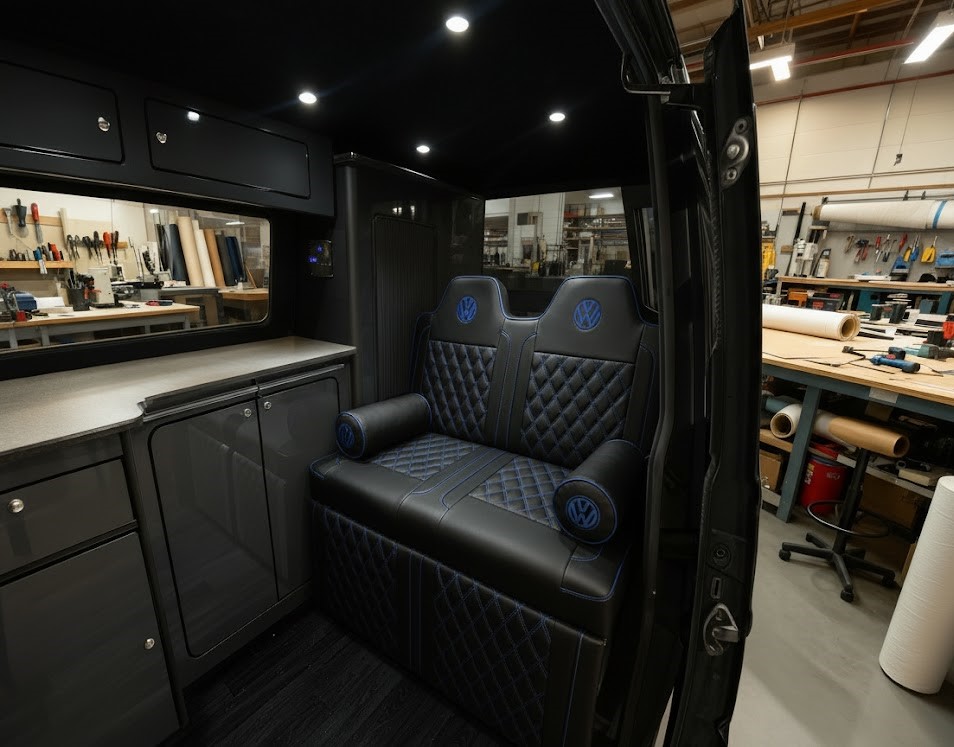 Rock n roll bed with blue VW logo and blue Bentley stitching with matching VW bolsters Blue Note Upholstery